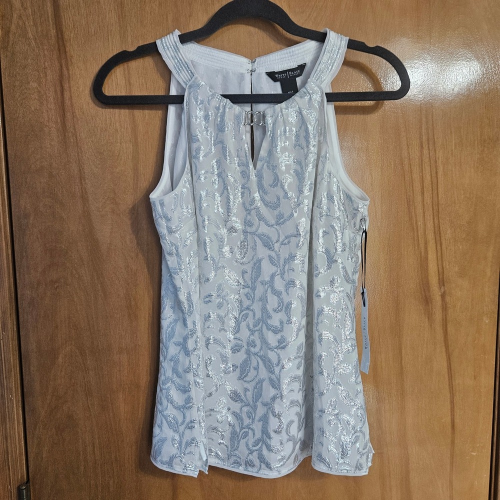 White House Black Market Silk Metallic Halter Top White Silver S